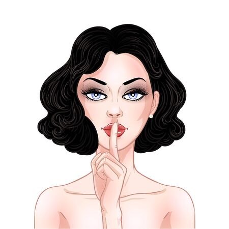Beautiful brunette woman isolated on white holding a finger to her mouth, secret, whisper, psst, vector illustrationのイラスト素材