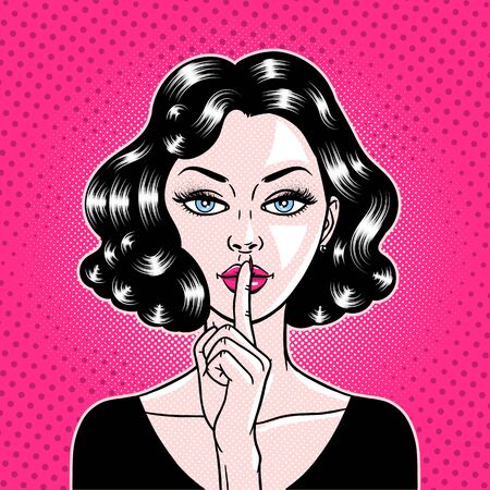 Comic style beautiful young woman holding a finger to her mouth in circle, secret, whisper, psst, pop art, vector illustrationのイラスト素材