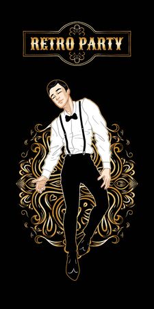 Retro party card, handsome man dressed in 1920s style dancing, dandy guy, twenties, vector illustrationのイラスト素材