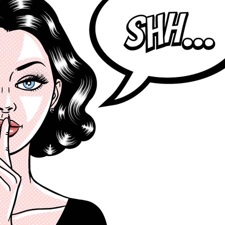 Comic style beautiful young woman holding a finger to her mouth, secret, whisper, psst, pop art, vector illustrationのイラスト素材