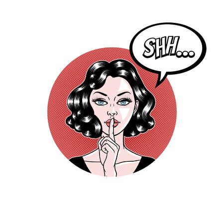 Comic style beautiful young woman holding a finger to her mouth in circle, secret, whisper, psst, pop art, vector illustrationのイラスト素材
