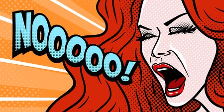 Comic style girl shouting NO, shocked angry expression, face close-up, beautiful young redhead woman, pop art, vector illustrationのイラスト素材
