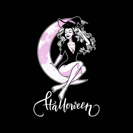 Beautiful young witch woman sitting on the moon, sexy girl pin-up, Halloween costume, vector illustrationのイラスト素材