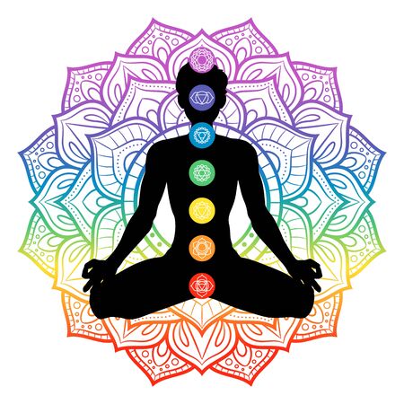 Seven chakras on meditating yogi man silhouette, vector illustrationのイラスト素材