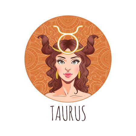 Taurus zodiac sign artwork, beautiful girl face, horoscope symbol, star sign, vector illustrationのイラスト素材