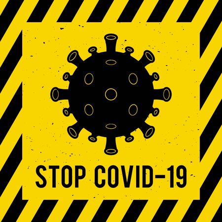 Stop covid-19 poster. Coronavirus cell icon, virus disease pandemic. Vector illustrationのイラスト素材
