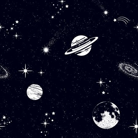Space seamless pattern, beautiful galaxy, stars, planets, constellations in outer space. Texture for wallpapers, fabric, wrap, web page backgrounds, vector illustrationのイラスト素材