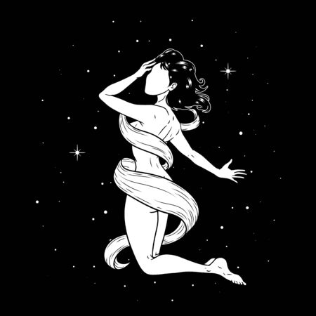 Beautiful girl on her knees, esoteric theme, peace of mind, space goddess. Vector illustrationのイラスト素材