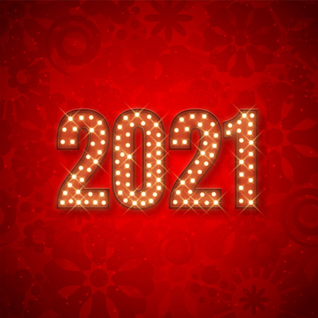 Happy New 2021 year glowing text banner with led lamps, postcard design, vector illustrationのイラスト素材