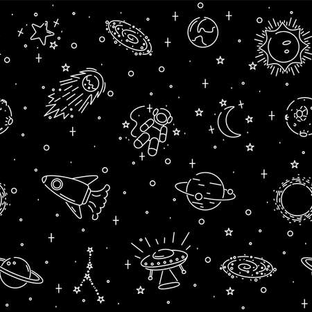 Outer space seamless pattern, planets, stars and astronomy elements. Texture for wallpapers, web page backgrounds, vector illustrationのイラスト素材