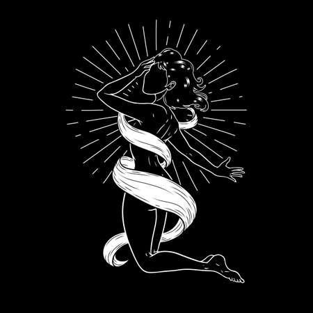 Beautiful girl on her knees, esoteric theme, peace of mind, space goddess. Vector illustrationのイラスト素材