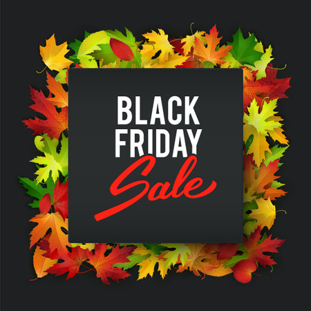 Black friday advertisement banner with realistic autumn leaves, vector illustrationのイラスト素材
