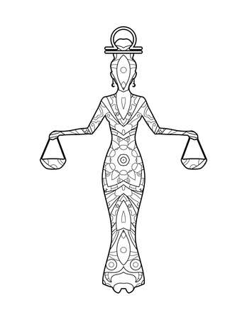 Libra zodiac sign artwork, adult coloring book page, beautiful horoscope symbol girl, vector illustrationのイラスト素材