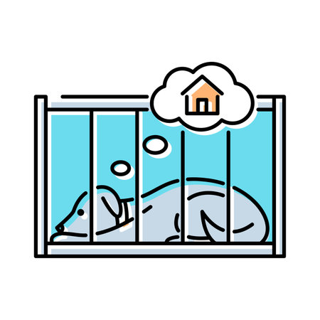 Pet shelter line icon, dog in cage dreaming of home, vector illustrationのイラスト素材
