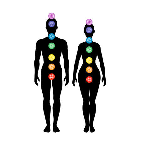 Seven chakra system in human body, infographic with male and female silhouette, standing man & woman, vector illustrationのイラスト素材