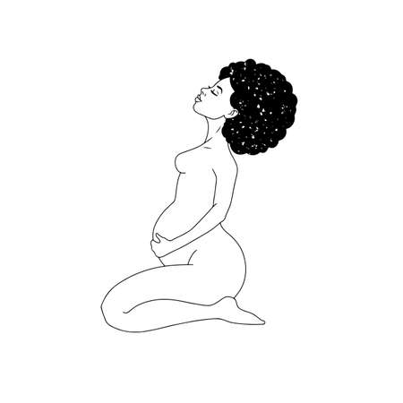 Pregnant black woman sitting down holding her belly. Black and white lineart drawing. Vector illustrationのイラスト素材
