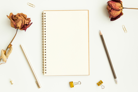 notebook paper, pen with paper clip and dry rose on white backgroundの写真素材