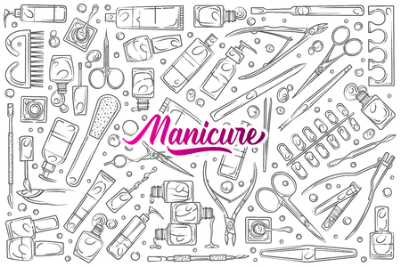 Hand drawn nail salon tools. Concept manicure and pedicure doodle set backgroundのイラスト素材