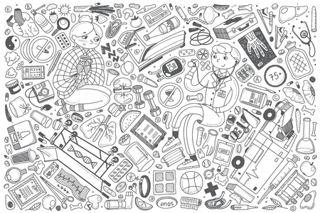 Hand drawn health set doodle vector illustration backgroundのイラスト素材