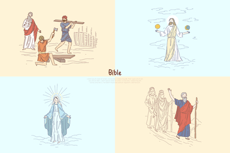 Bible story plots, myth and legends, biblical characters, Noah Ark, God creating world, Moses prophet banner template. Religion, christianity, theology concept cartoon sketch. Flat vector illustrationのイラスト素材