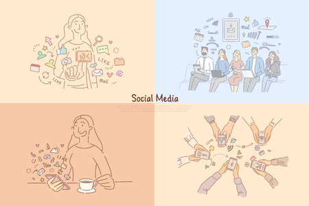 People using social media networks, online chatting, workflow management software, digital marketing banner. App advertising, Internet cloud service concept cartoon sketch. Flat vector illustrationのイラスト素材