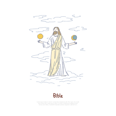 World creation myth, God holding sun and moon, legend and mythology book, religion and faith banner template. Bible page, christianity, theology concept cartoon sketch. Flat vector illustrationのイラスト素材