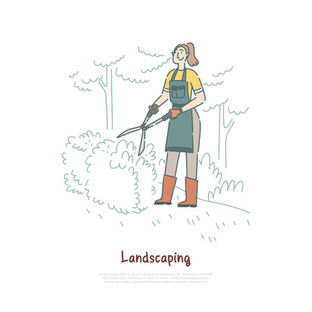 Gardener trimming bushes, woman cutting trees, shrub in backyard, worker using greenery, landscaping equipment banner. Garden care, maintenance concept cartoon sketch. Flat vector illustrationのイラスト素材