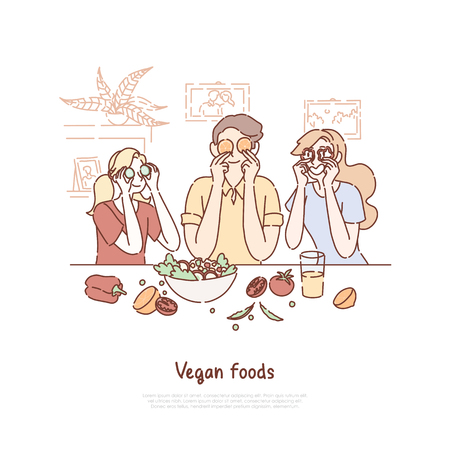 Family eating vegan food, healthy lifestyle, vegetarians cooking dinner, friends holding vegetables slices on eyes banner. Fresh veggies salad meal concept cartoon sketch. Flat vector illustrationのイラスト素材