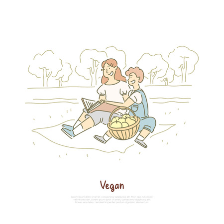 Cheerful vegan mother with son, family outdoor rest, woman reading book, fresh apples in basket, vitamin diet banner. Vegetarian picnic in park concept cartoon sketch. Flat vector illustrationのイラスト素材