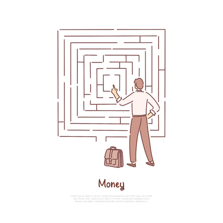 Office worker analysing maze, businessman with suitcase making difficult decision, financial literacy banner. Business challenge, goal achievement concept cartoon sketch. Flat vector illustrationのイラスト素材