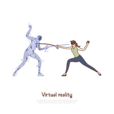 Swordplay simulation, woman in AR headset, fencer hologram holding epee, fighting game, virtual reality banner. VR fencing training, sword duel concept cartoon sketch. Flat vector illustrationのイラスト素材