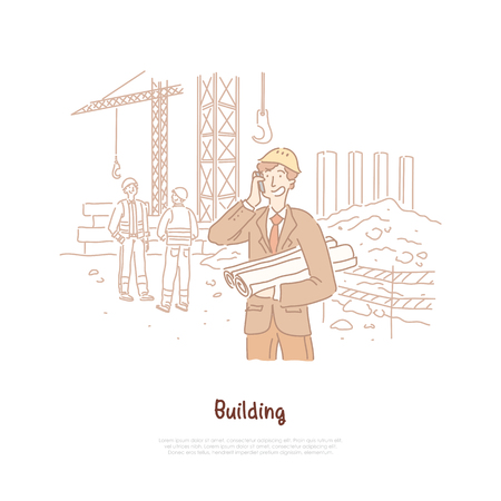 Building industry, engineer, foreman, builder profession, young architect talking on phone, holding plan, draft banner. Under construction building concept cartoon sketch. Flat vector illustrationのイラスト素材