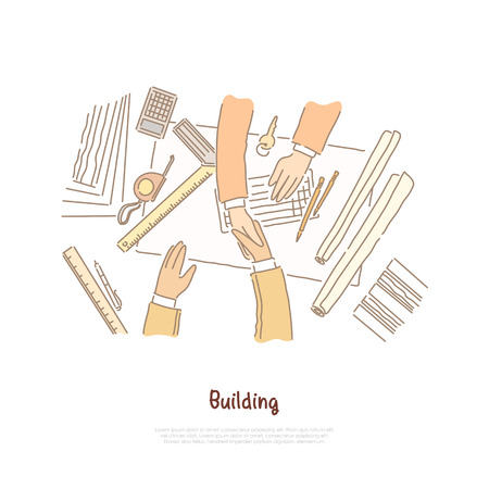 Business meeting, negotiation, building plan designing, architect and contractor deal, teamwork banner. Partnership, colleagues working on project concept cartoon sketch. Flat vector illustrationのイラスト素材