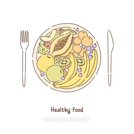 Fruit salad in plate, exotic kiwi, tangerine, carambola slices, raw apples, tropical bananas banner template. Healthy meal, dessert, organic food concept cartoon sketch. Flat vector illustrationのイラスト素材