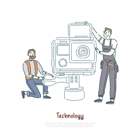 Technicians working with tools, lens changing, photography equipment maintenance service, repair shop banner. People fixing professional camera concept cartoon sketch. Flat vector illustrationのイラスト素材