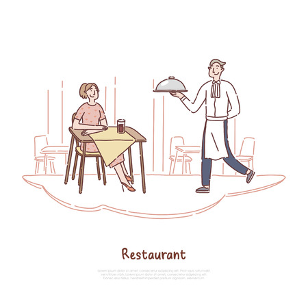 Cheerful man in uniform serving dish, waiter occupation, young woman waiting for order, cafeteria staff, restaurant banner. Exquisite catering service concept cartoon sketch. Flat vector illustrationのイラスト素材