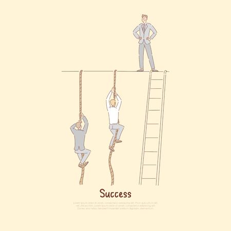Businessman standing on top of wall, men climbing ropes, work smarter not harder, achieving life goals metaphor bannerのイラスト素材