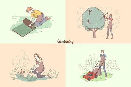 Young gardeners chores, lawn laying, trees pruning, planting flowers, grass mowing, gardening service bannerのイラスト素材