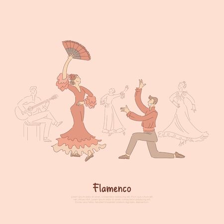 Professional dancers, elegant woman in red dress performing flamenco, traditional spanish dance, entertainment show banner. Spain culture, art number concept cartoon sketch. Flat vector illustrationのイラスト素材