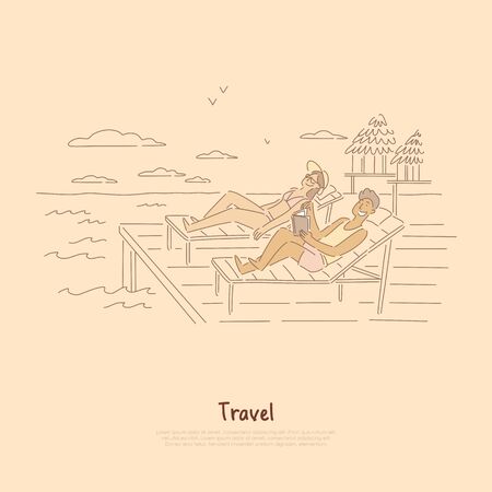 Seaside recreation, couple, friends sunbathing in deck-chairs, suntanned man reading book on sea resort banner. Summertime relax, honeymoon pastime concept cartoon sketch. Flat vector illustrationのイラスト素材