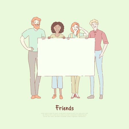 Young men and women standing together, friends holding blank placard, friendship, social demonstration banner. Surprise party, public protest concept cartoon sketch. Flat vector illustrationのイラスト素材