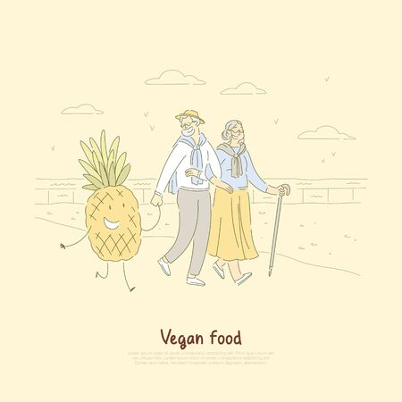 Happy old man and woman on walk, seniors couple holding hands with smiling pineapple, vegetarian food bannerのイラスト素材