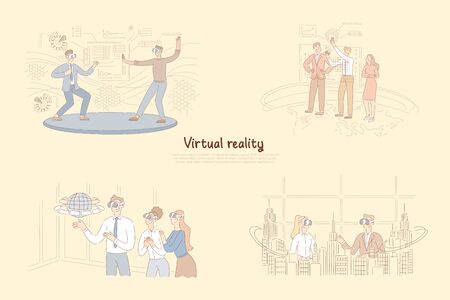 Virtual reality in daily life, man in VR glasses training martial arts, presentation on AR board, 3d modelling banner. Virtual city sightseeing tour concept cartoon sketch. Flat vector illustrationのイラスト素材