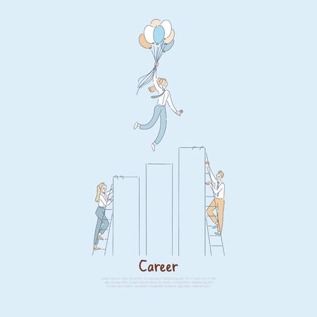 People climbing career ladder to success, achieving goals and dreams, woman floating on balloons, reaching peak performance banner. Career growth cartoon concept sketch. Flat vector illustrationのイラスト素材