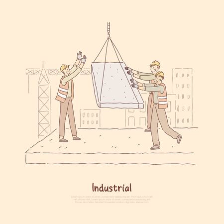 Builders at construction site, workers in uniform building multi storey house, foreman gives directions for crane operator banner. New residential area concept cartoon sketch. Flat vector illustrationのイラスト素材
