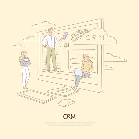 Client support system, company communication service, young colleagues analyzing data, crm software banner. Customer relationship management concept cartoon sketch. Flat vector illustrationのイラスト素材