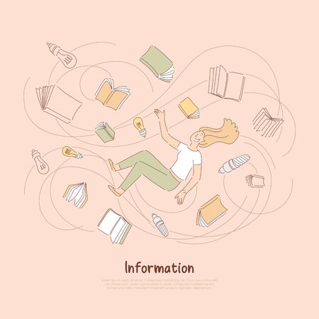 Smart student surrounded with books and light bulbs, exams preparation, learning process, education banner. Information gathering, knowledge gaining concept cartoon sketch. Flat vector illustrationのイラスト素材
