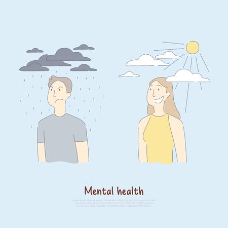 Sad man under raining clouds and happy woman, psychology, medical assistance, health care, mental condition banner. Depression and joy metaphor concept cartoon sketch. Flat vector illustrationのイラスト素材