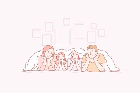 Young Happy Family Mom, Dad, Son, Daughter lie in bed Together. Parents and children play with smiles on the faces of the house. Cartoon flat Design Isolated Vector illustrationのイラスト素材
