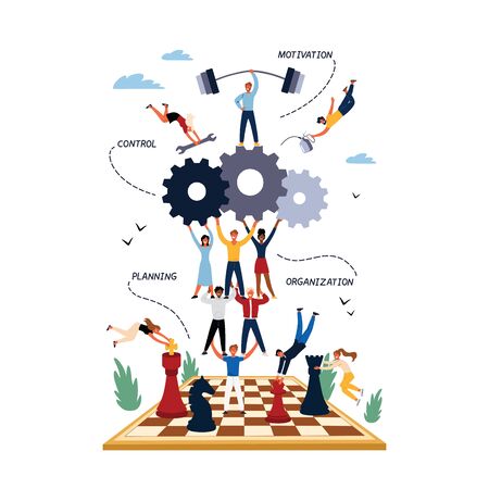 Business Concept of Management, Motivation, Organization and Planning. Cartoon flat Design, Isolated Vector Illustration.のイラスト素材